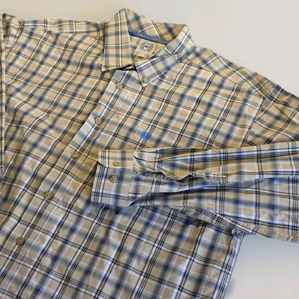 Cinch men's long-sleeve button-down western shirt tan,blue plaid Size Large